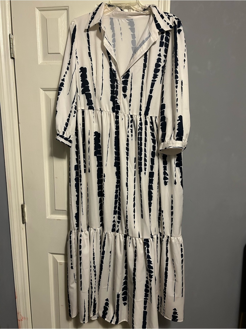 SHEIN White Maxi Shirt Dress with Navy Tie-Dye Stripes
